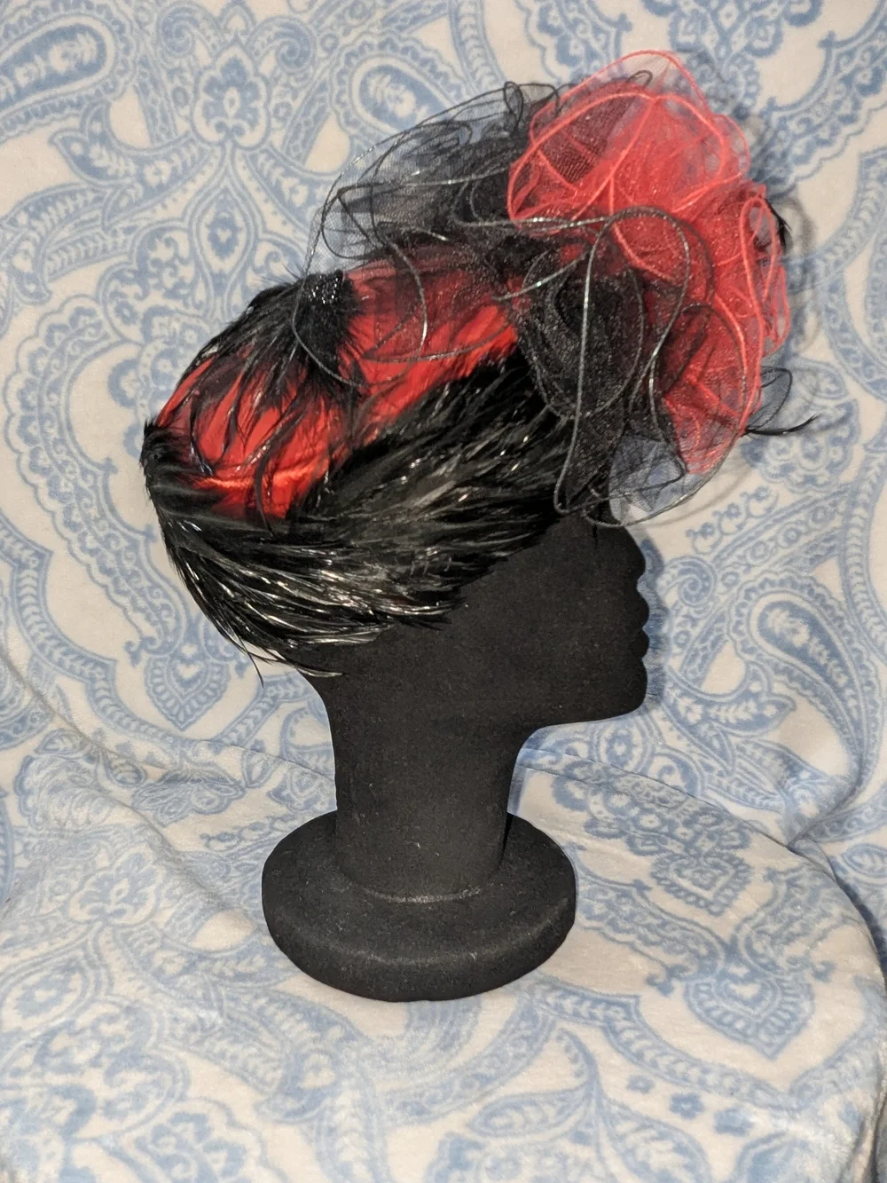 Red and Black Feathered Fascinator Hat - Women Hair